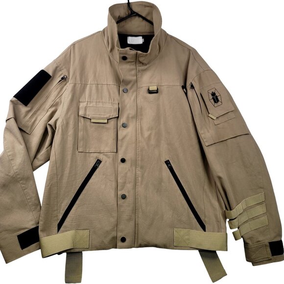 UNM Original Design Mens Tan Military Utility Jacket Multiple Pockets Straps 2XL